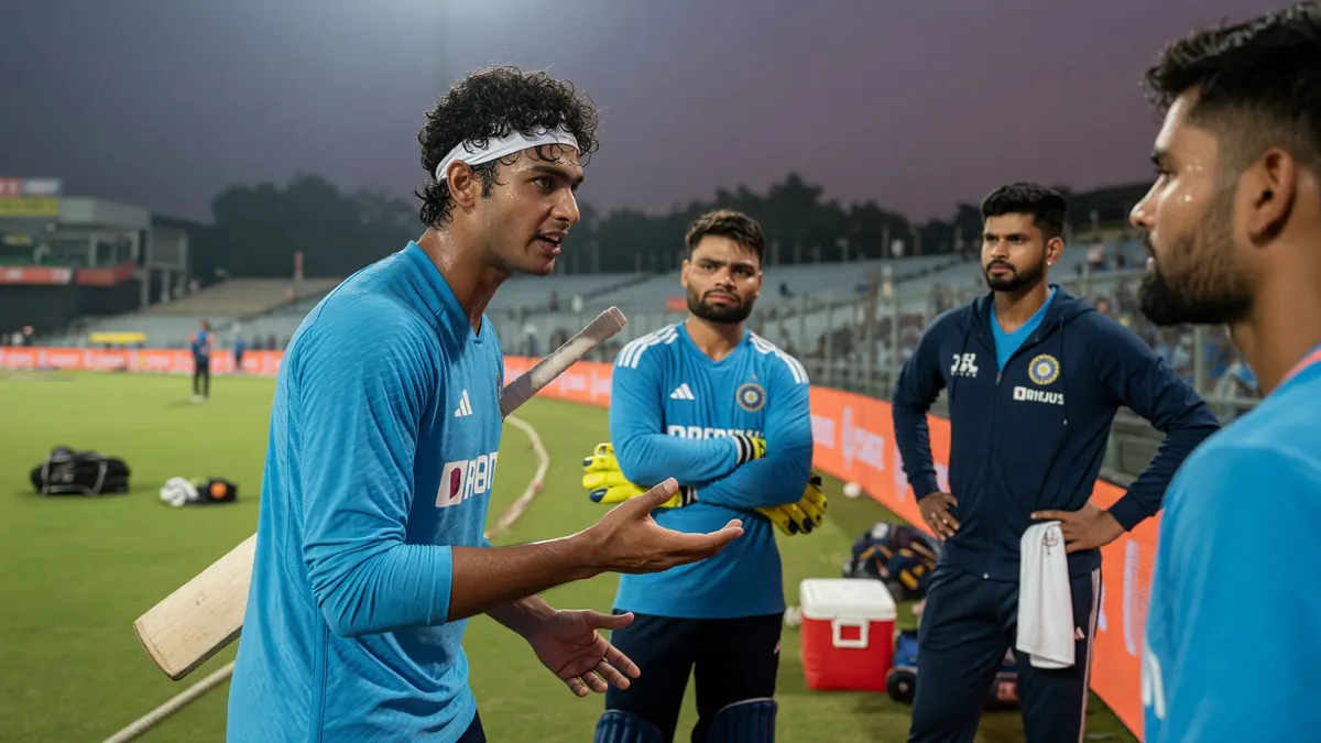 India batter in blue training kit holding a bat while teammates listen during a nets discussion
