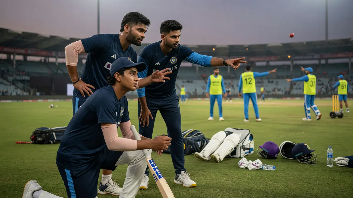 India players in navy training kits pointing across the outfield during a tactical fielding drill