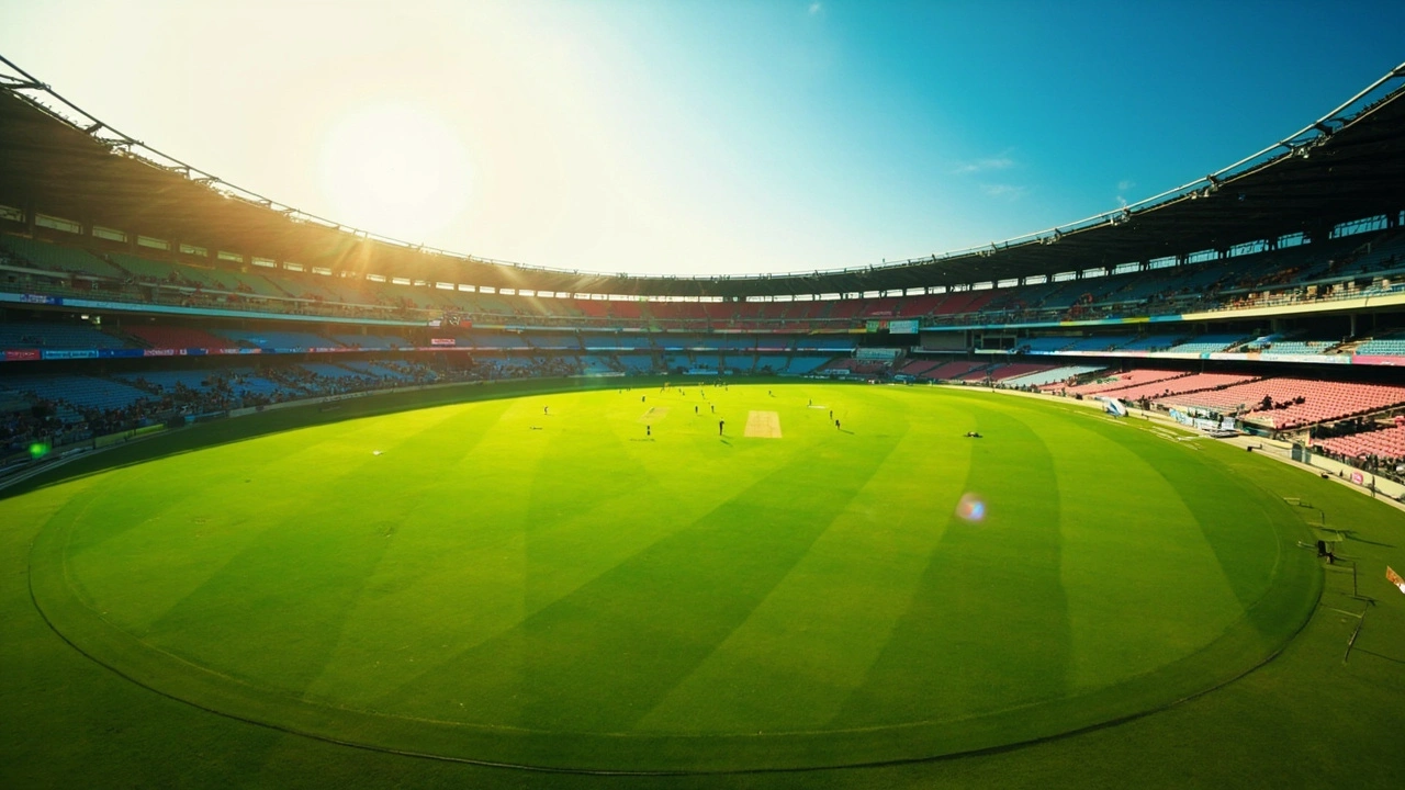 Wide-angle aerial shot of an Indian cricket stadium host venue for IPL 2026