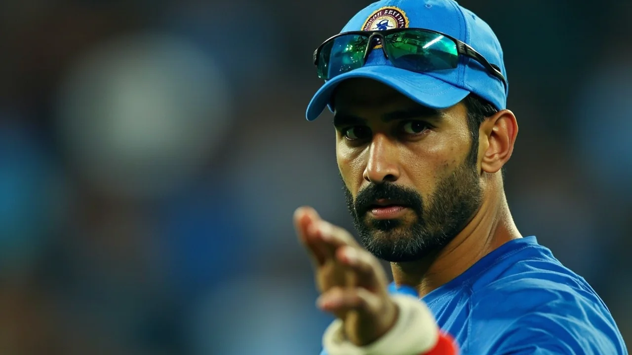 Indian cricket team in a tactical huddle on the outfield between innings