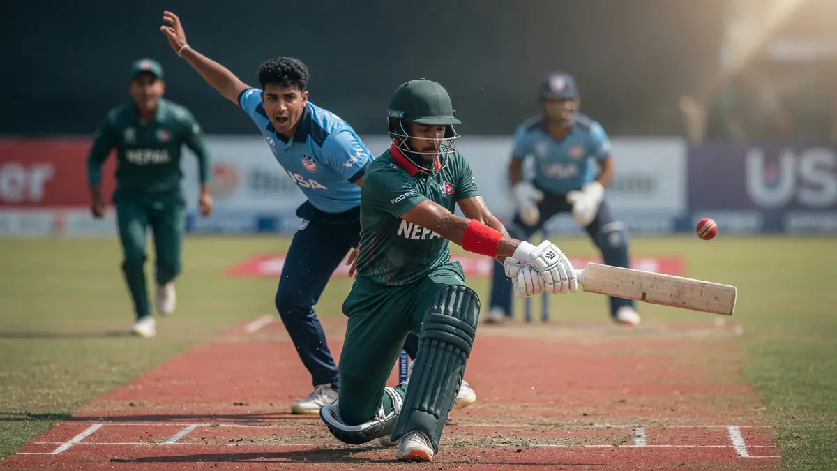Cricket batter mid-shot during an intense one-day international moment